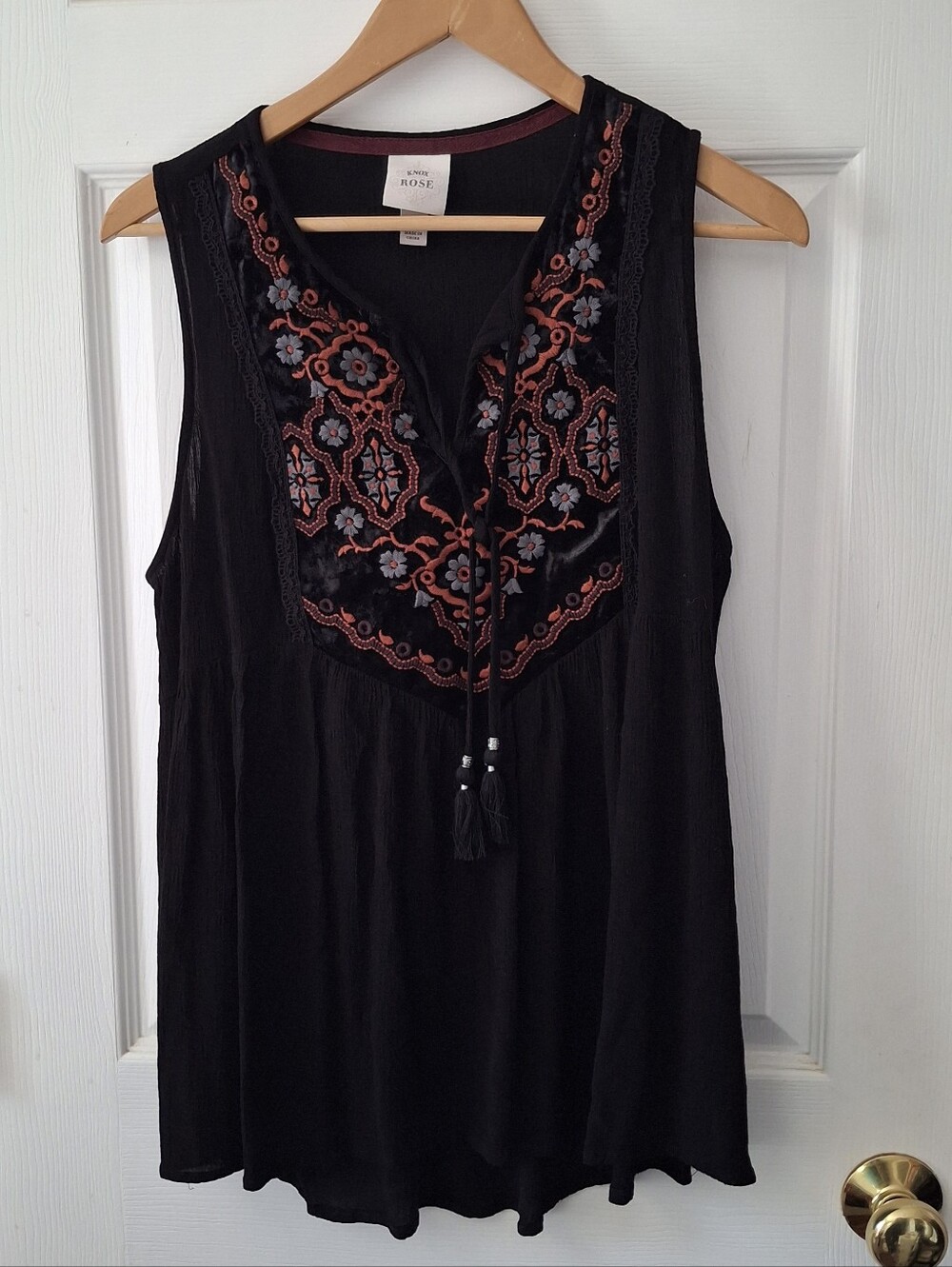 Knox Rose Black Sleeveless Top Floral Embroidery On Velvet Bohemian Tank Sz XXL